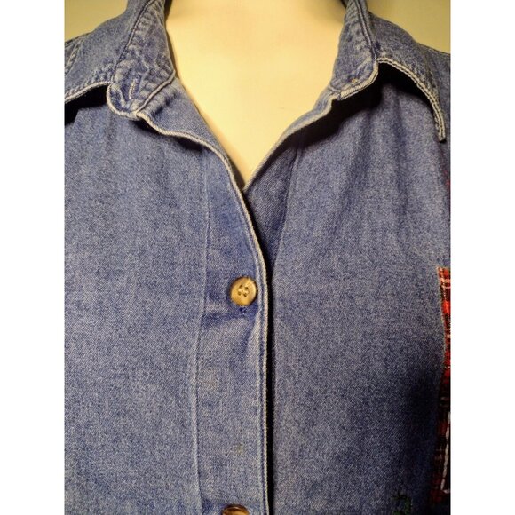 Vtg Victoria Jones Chambray Christmas Shirt Size 1X Plaid Patchwork Faux Pearls - Picture 2 of 8